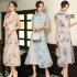 Women Cheongsam Dress Short Sleeves Traditional Chinese Style Embroidered Chiffon Long Skirt Elegant Stand Collar Dress CQ3 2 light pink XL