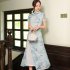 Women Cheongsam Dress Short Sleeves Traditional Chinese Style Embroidered Chiffon Long Skirt Elegant Stand Collar Dress CQ3 2 light pink XL