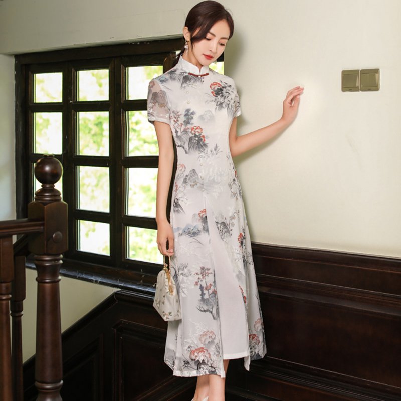 Women Cheongsam Dress Short Sleeves Traditional Chinese Style Embroidered Chiffon Long Skirt Elegant Stand Collar Dress CQ3-3 ink XXXXL
