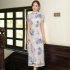 Women Cheongsam Dress Short Sleeves Traditional Chinese Style Embroidered Chiffon Long Skirt Elegant Stand Collar Dress CQ3 4 light yellow L