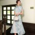 Women Cheongsam Dress Short Sleeves Traditional Chinese Style Embroidered Chiffon Long Skirt Elegant Stand Collar Dress CQ3 4 light yellow L