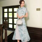 Women Cheongsam Dress Short Sleeves Traditional Chinese Style Embroidered Chiffon Long Skirt Elegant Stand Collar Dress CQ3-5 cyan green M