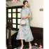 Women Cheongsam Dress Short Sleeves Traditional Chinese Style Embroidered Chiffon Long Skirt Elegant Stand Collar Dress CQ3 4 light yellow M