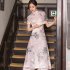 Women Cheongsam Dress Short Sleeves Traditional Chinese Style Embroidered Chiffon Long Skirt Elegant Stand Collar Dress CQ3 4 light yellow M