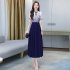 Women Cheongsam Dress Summer Short Sleeves Stand Collar A line Skirt High Waist Large Swing Dress p01 blue L