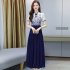 Women Cheongsam Dress Summer Short Sleeves Stand Collar A line Skirt High Waist Large Swing Dress p01 blue L