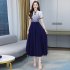 Women Cheongsam Dress Summer Short Sleeves Stand Collar A line Skirt High Waist Large Swing Dress p01 blue L