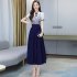 Women Cheongsam Dress Summer Short Sleeves Stand Collar A line Skirt High Waist Large Swing Dress p01 blue 2XL