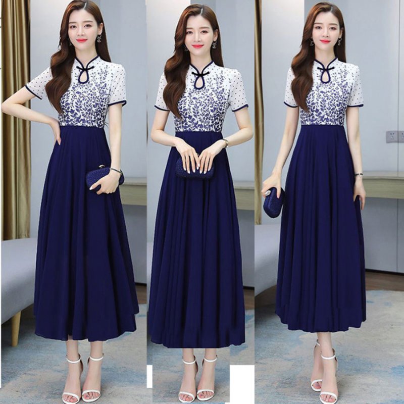 Women Cheongsam Dress Summer Short Sleeves Stand Collar A-line Skirt High Waist Large Swing Dress p01 blue 3XL