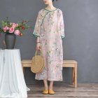 Women Cheongsam Split Dress 3/4 Sleeve Literary Retro Style Loose Chinese Qipao Dress Evening Party Formal Wear Photo Color L