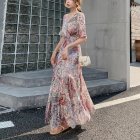 Women Chiffon Dress Elegant V-neck High Waist Half Sleeves Long Skirt Large Swing Ruffled Sleeves Dress As shown XL