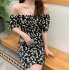 Women Chiffon Dress Off shoulder Daisy Floral Print Short Sleeve Slim Summer Short Dress As shown 2XL