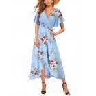 Women Chiffon Dress V-neck Floral Print Short Sleeve Middle Waist Split Maxi Dress