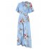 Women Chiffon Dress V neck Floral Print Short Sleeve Middle Waist Split Maxi Dress