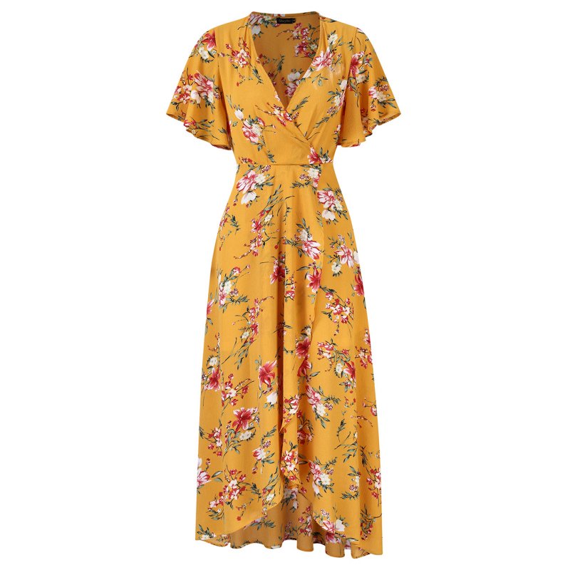 US Women Chiffon Dress V-neck Floral Print Short Sleeve Middle Waist Split Maxi Dress