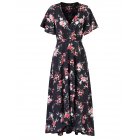 [US Direct] Women Chiffon Dress V-neck Floral Print Short Sleeve Middle Waist Split Maxi Dress
