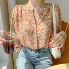 Women Chiffon Long Sleeves Shirt Summer Sweet Floral Printing Blouse Round Neck Casual Loose Cardigan Tops Orange S