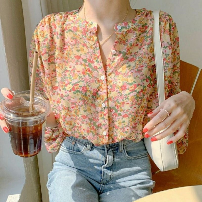 Womens Blouses Elegant Fashion Floral Printed Chiffon Shirt Summer