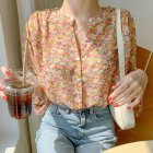 Women Chiffon Long Sleeves Shirt Summer Sweet Floral Printing Blouse Round Neck Casual Loose Cardigan Tops Orange XXL