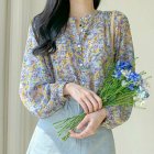 Women Chiffon Long Sleeves Shirt Summer Sweet Floral Printing Blouse Round Neck Casual Loose Cardigan Tops green L