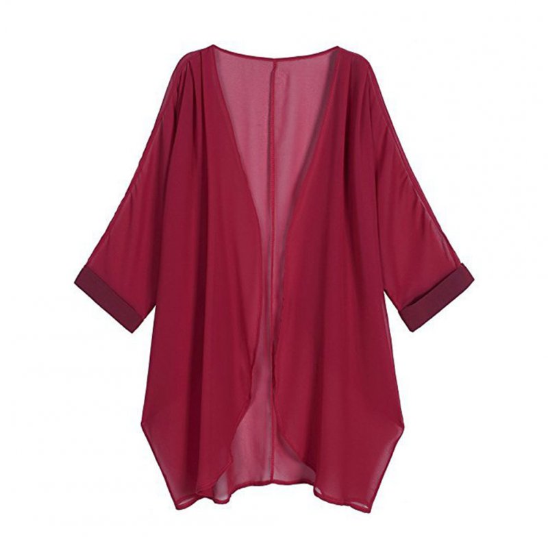 Women Chiffon Pure Color Sunshine-proof Summer Fashion Loose Tops Wine red_L