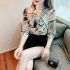 Women Chiffon Shirt Fashion Elegant Geometric Printing Slim Fit Tops Casual V Neck Pullover Blouse As shown M