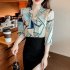 Women Chiffon Shirt Fashion Elegant Geometric Printing Slim Fit Tops Casual V Neck Pullover Blouse As shown M