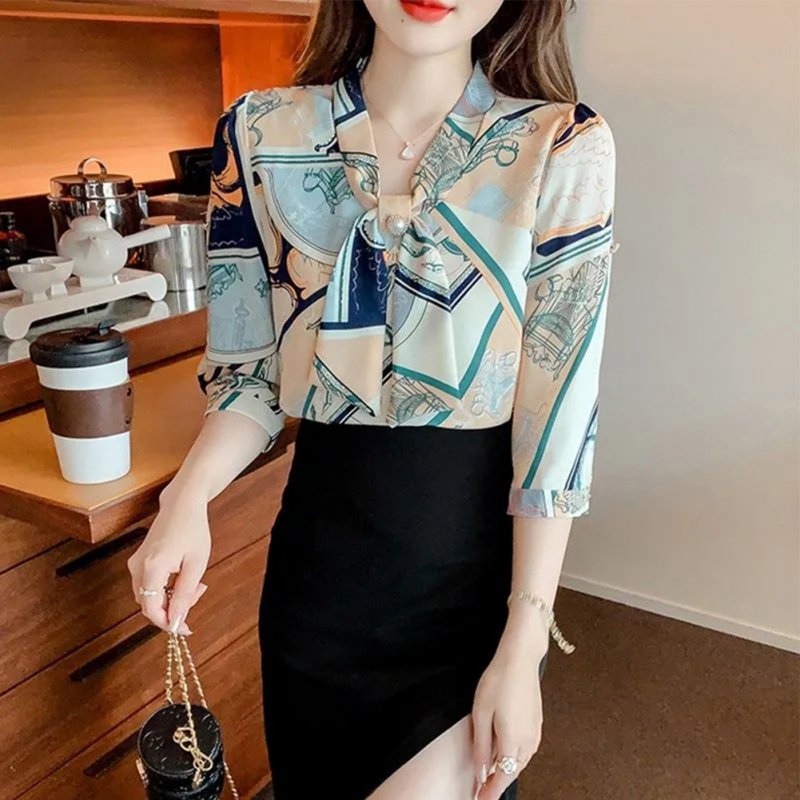 Women Chiffon Shirt Fashion Elegant Geometric Printing Slim Fit Tops Casual V Neck Pullover Blouse As shown M