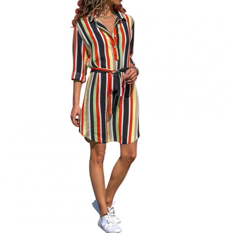 Women Colorful Striped Waist Belted Long Sleeves Shirt Dress