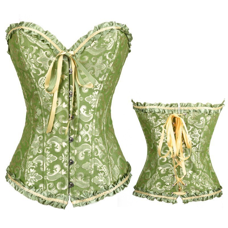Women Corset Bustier Lingerie Bodyshaper Top Sexy Vintage Lace-up Boned Overbust Strapless Corset Tops green XXXL
