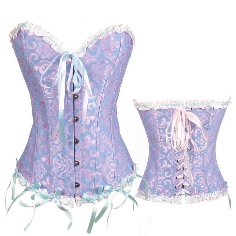 Women Corset Bustier Lingerie Bodyshaper Top Sexy Vintage Lace-up Boned Overbust Strapless Corset Tops blue M