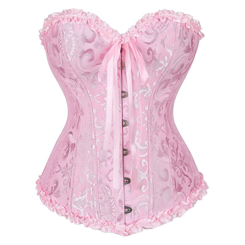 Women Corset Bustier Lingerie Bodyshaper Top Sexy Vintage Lace-up Boned Overbust Strapless Corset Tops pink XXL