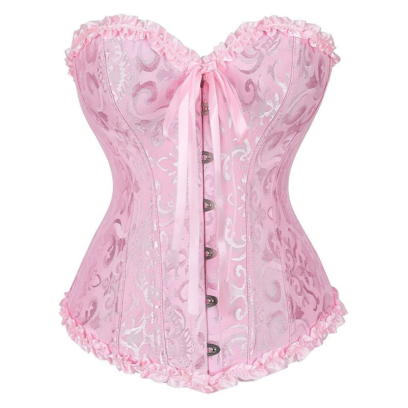 Women Corset Bustier Lingerie Bodyshaper Top Sexy Vintage Lace-up Boned Overbust Strapless Corset Tops pink XXXXL