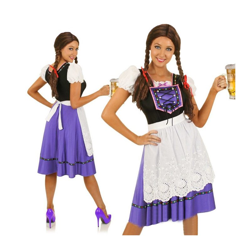 Women Cosplay Costume Retro Style Maid Dirndl Dress Suits for Halloween Beer Festival Halloween purple_M