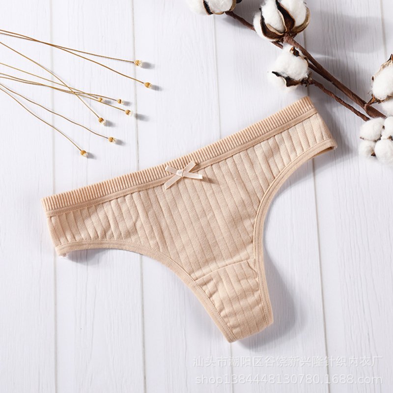 Women Cotton Briefs G-string Strip Seamless Low Waist Solid Color Sexy Underwear Panties apricot_M