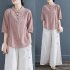 Women Cotton Linen Blouse Retro Chinese Style Stand Collar T shirt Loose Casual Solid Color Pullover Tops pink 4XL
