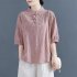 Women Cotton Linen Blouse Retro Chinese Style Stand Collar T shirt Loose Casual Solid Color Pullover Tops pink 4XL