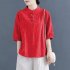 Women Cotton Linen Blouse Retro Chinese Style Stand Collar T shirt Loose Casual Solid Color Pullover Tops pink 4XL