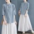 Women Cotton Linen Blouse Retro Chinese Style Stand Collar T shirt Loose Casual Solid Color Pullover Tops pink 4XL