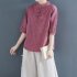 Women Cotton Linen Blouse Retro Chinese Style Stand Collar T shirt Loose Casual Solid Color Pullover Tops pink 4XL