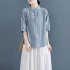 Women Cotton Linen Blouse Retro Chinese Style Stand Collar T shirt Loose Casual Solid Color Pullover Tops pink 4XL