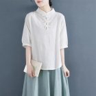 Women Cotton Linen Blouse Retro Chinese Style Stand Collar T-shirt Loose Casual Solid Color Pullover Tops White L