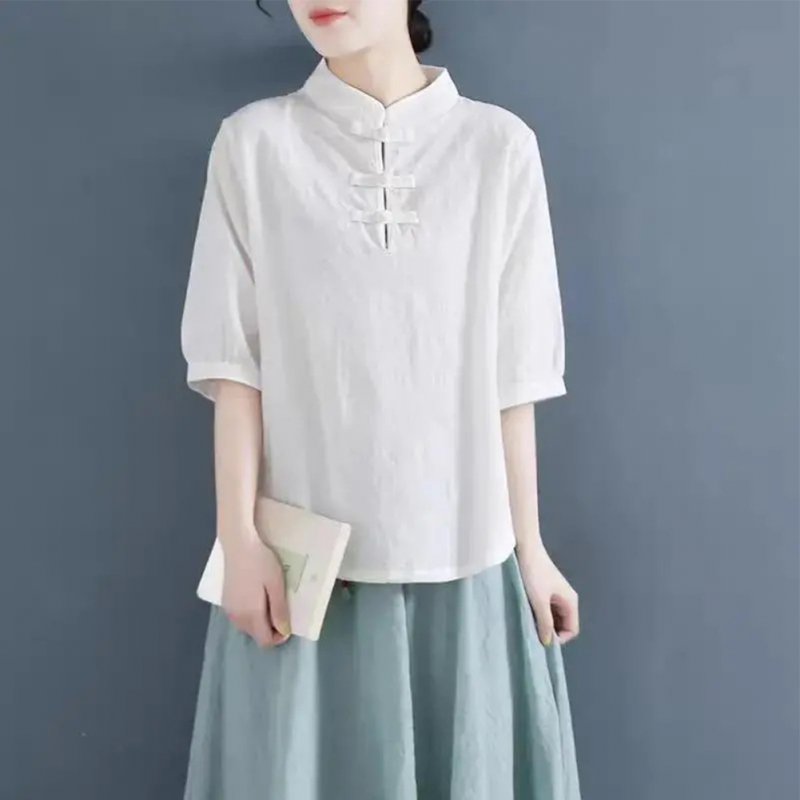Women Cotton Linen Blouse Retro Chinese Style Stand Collar T-shirt Loose Casual Solid Color Pullover Tops White 4XL