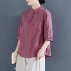 Women Cotton Linen Blouse Retro Chinese Style Stand Collar T-shirt Loose Casual Solid Color Pullover Tops Brick red M