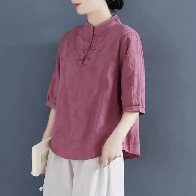 Women Cotton Linen Blouse Retro Chinese Style Stand Collar T-shirt Loose Casual Solid Color Pullover Tops Brick red XL