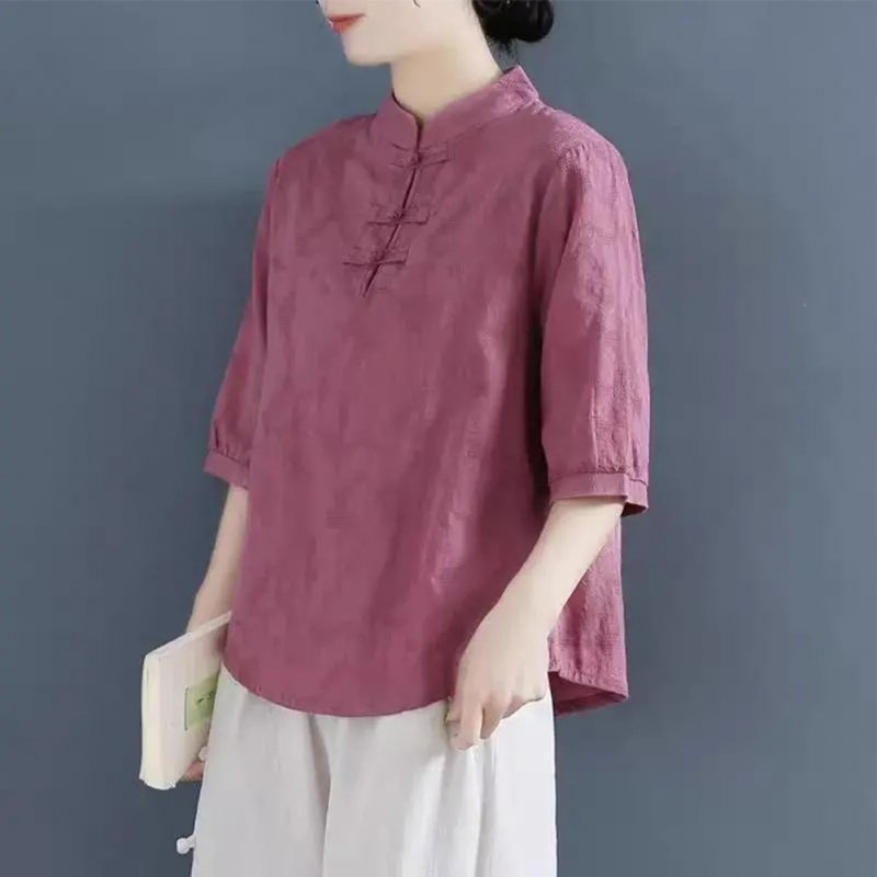 Women Cotton Linen Blouse Retro Chinese Style Stand Collar T-shirt Loose Casual Solid Color Pullover Tops Brick red L
