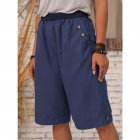 Women Cotton Linen Cropped Pants Casual Solid Color Large Size Straight Middle Waist Knee Length Pants blue XXL