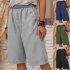 Women Cotton Linen Cropped Pants Casual Solid Color Large Size Straight Middle Waist Knee Length Pants black XXXL