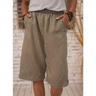 Women Cotton Linen Cropped Pants Casual Solid Color Large Size Straight Middle Waist Knee Length Pants brown S