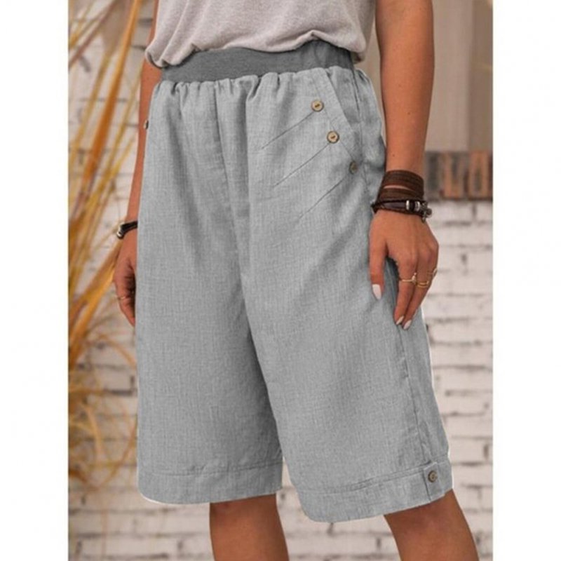 Women Cotton Linen Cropped Pants Casual Solid Color Large Size Straight Middle Waist Knee Length Pants grey L